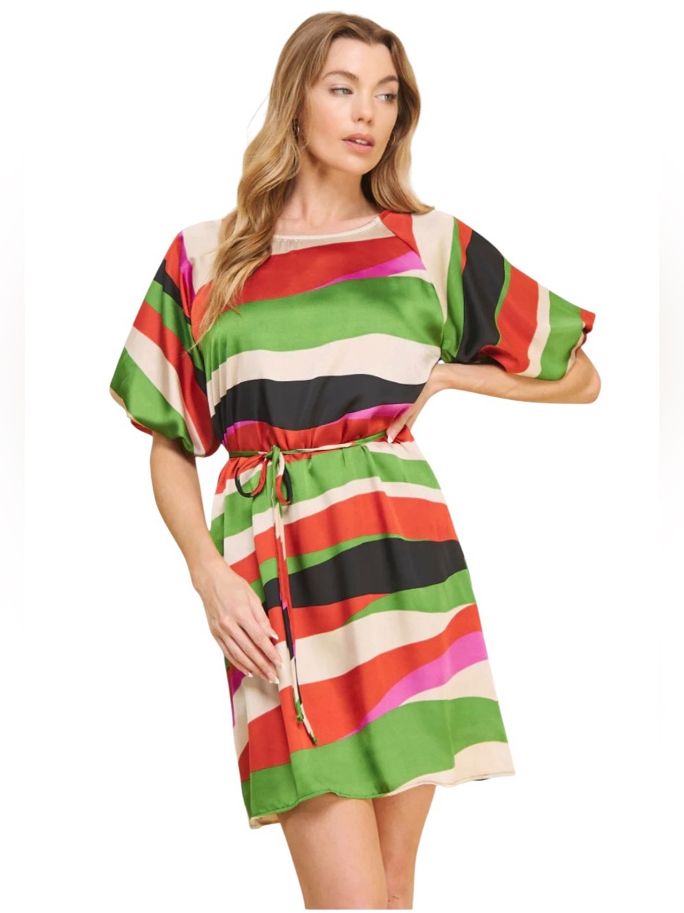 New If She Loves Multicolor Fuchsia Red Green Satin Balloon Sleeve Mini Dress